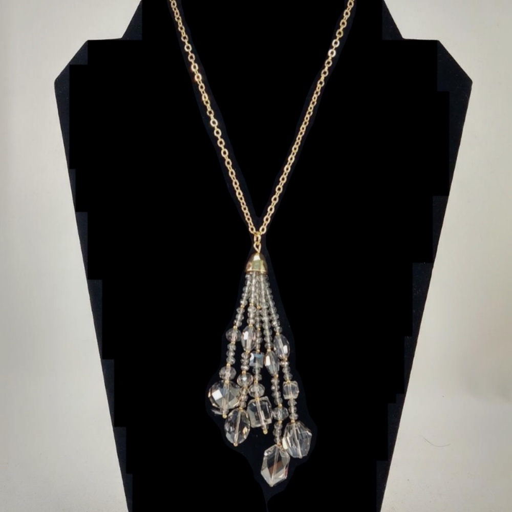 A New Day Gold Chain Gray Glass Faceted Chunky Bead Long Tassel Pendant Necklace